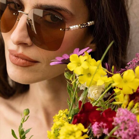 Gucci GG1923SA 003 Sunglasses Gold with Pearl Square Frame, Brown Lenses main image 9